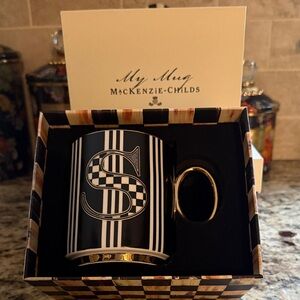 MacKenzie-Childs Black and Gold Striped Initial Mug
